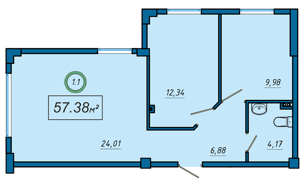 Планировка: 3-комнатная · 57,38 м²
