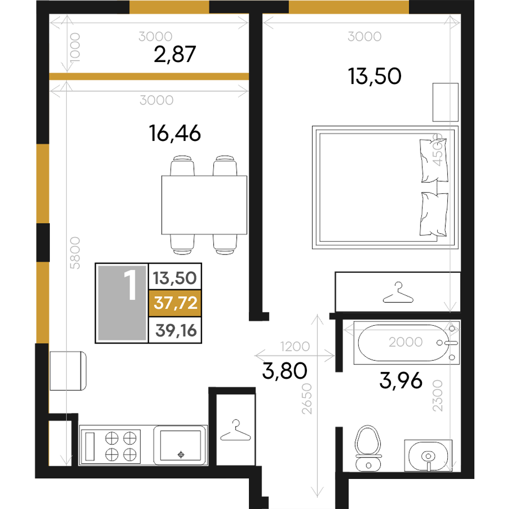 Планировка: 1-комнатная · 39,16 м²
