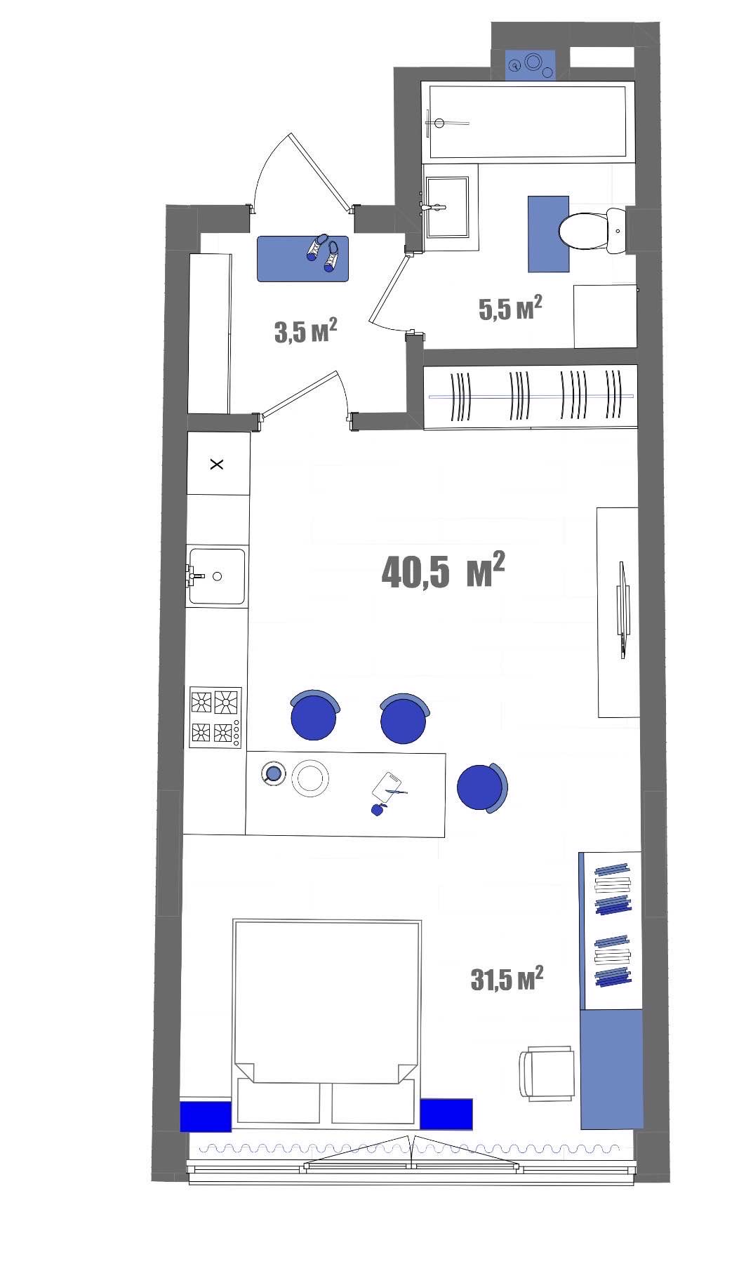 Планировка: Студия · 40,5 м²