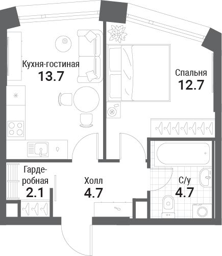 Планировка: 1-комнатная · 37,9 м²