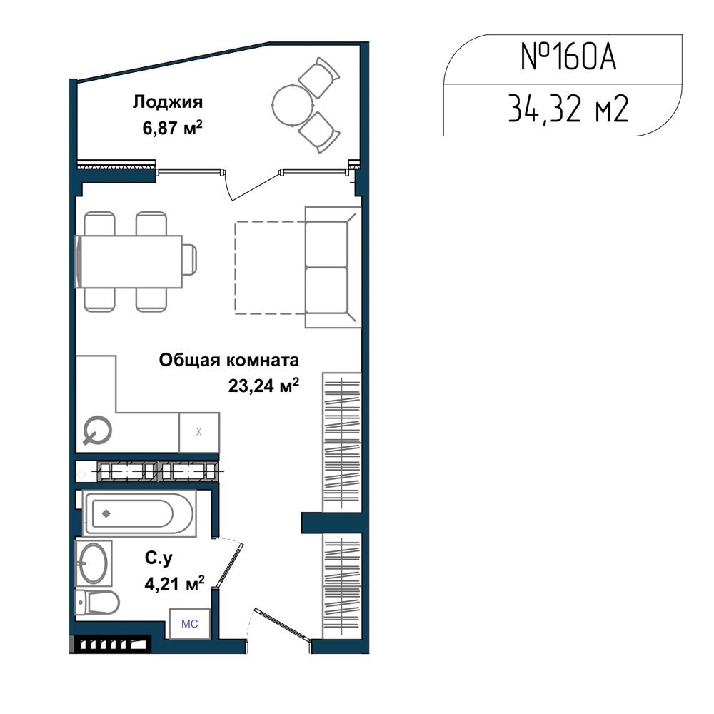 Планировка: Студия · 33,5 м²