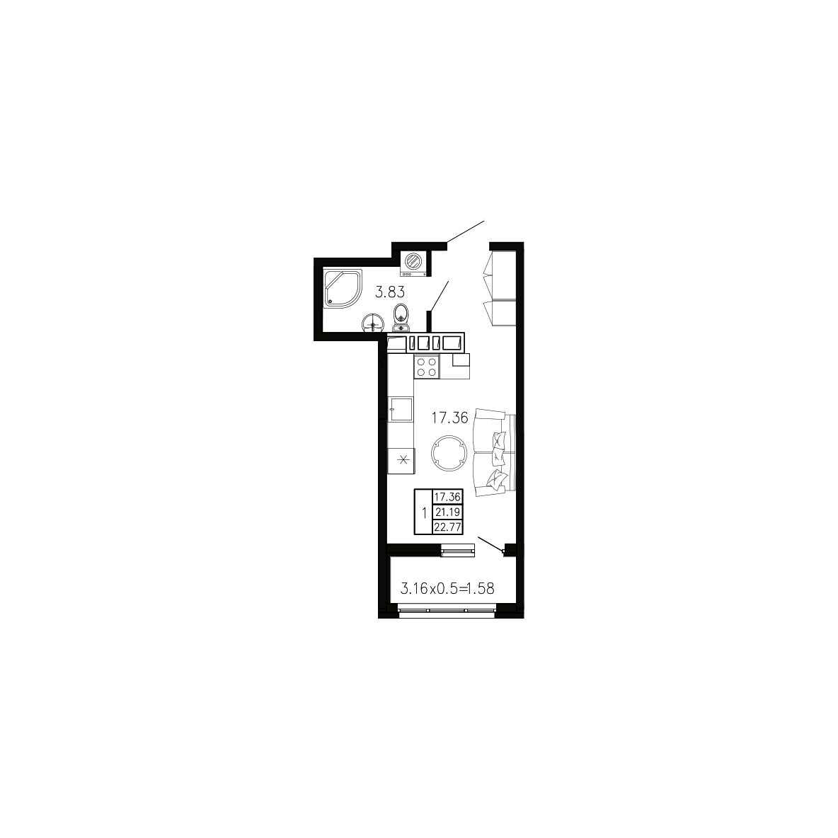 Планировка: Студия · 22,77 м²