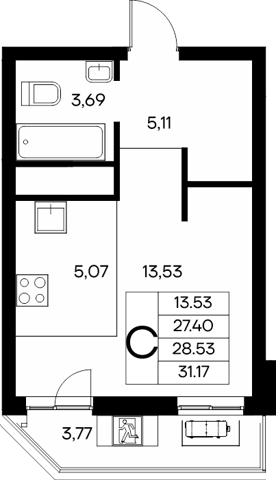 Планировка: Студия · 31,17 м²