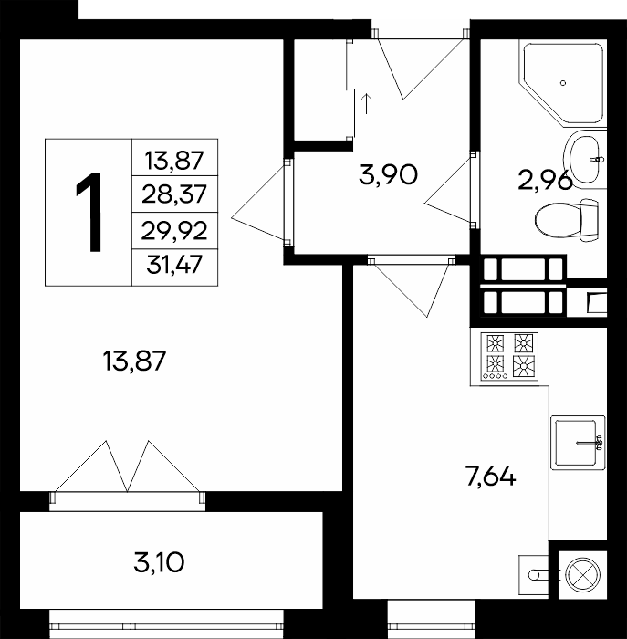 Планировка: 1-комнатная · 31,47 м²
