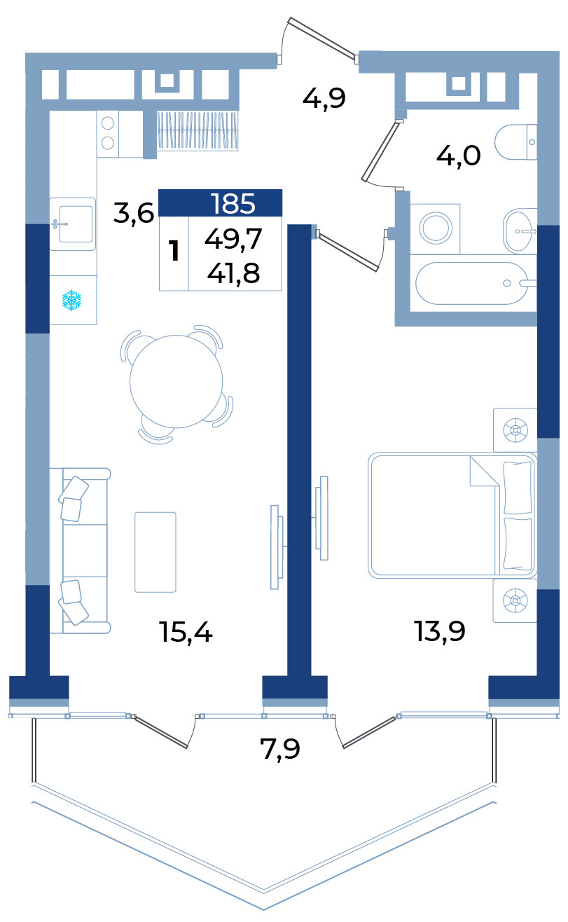 Планировка: 1-комнатная · 49,7 м²
