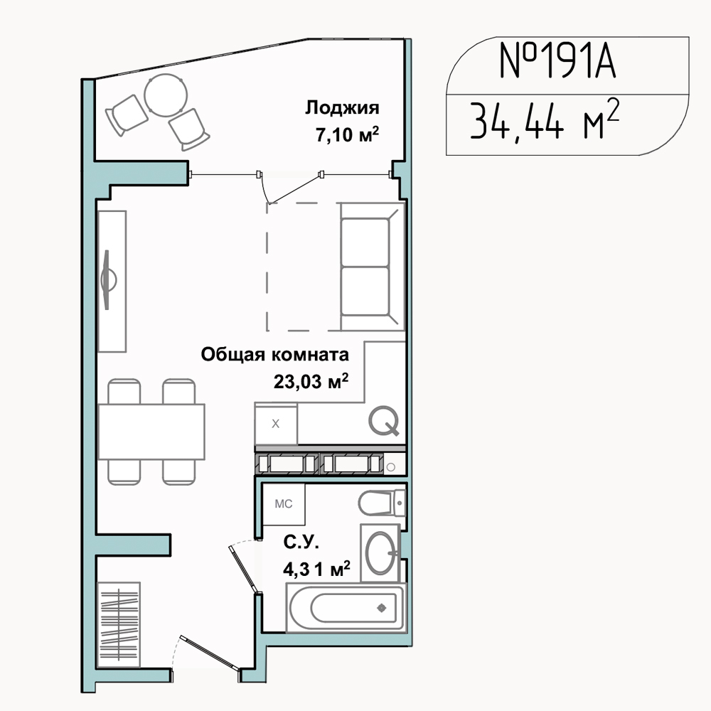 Планировка: Студия · 33,8 м²