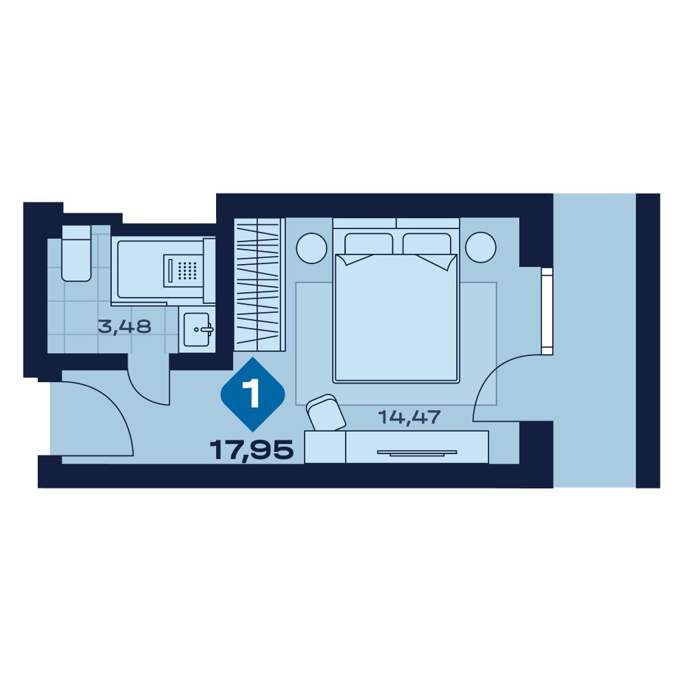 Планировка: 1-комнатная · 17,95 м²