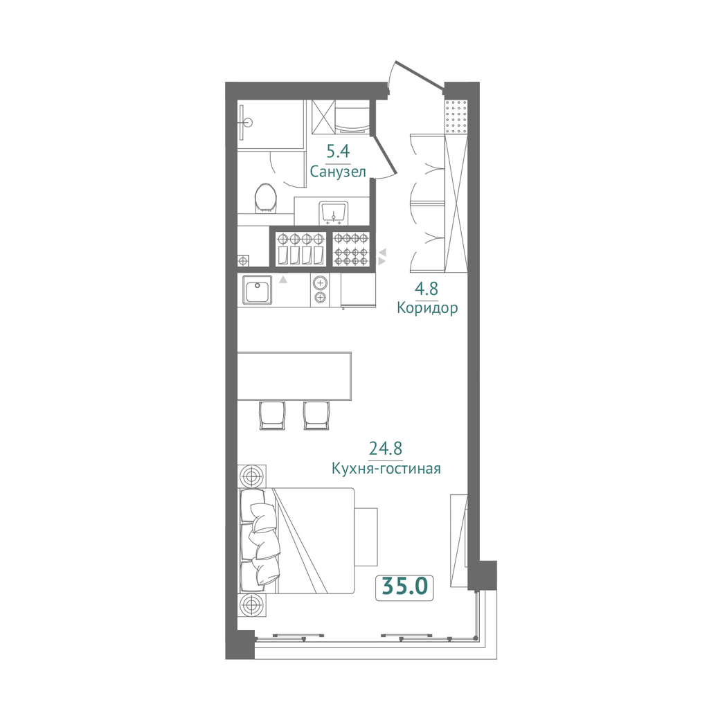 Планировка: Студия · 35 м²