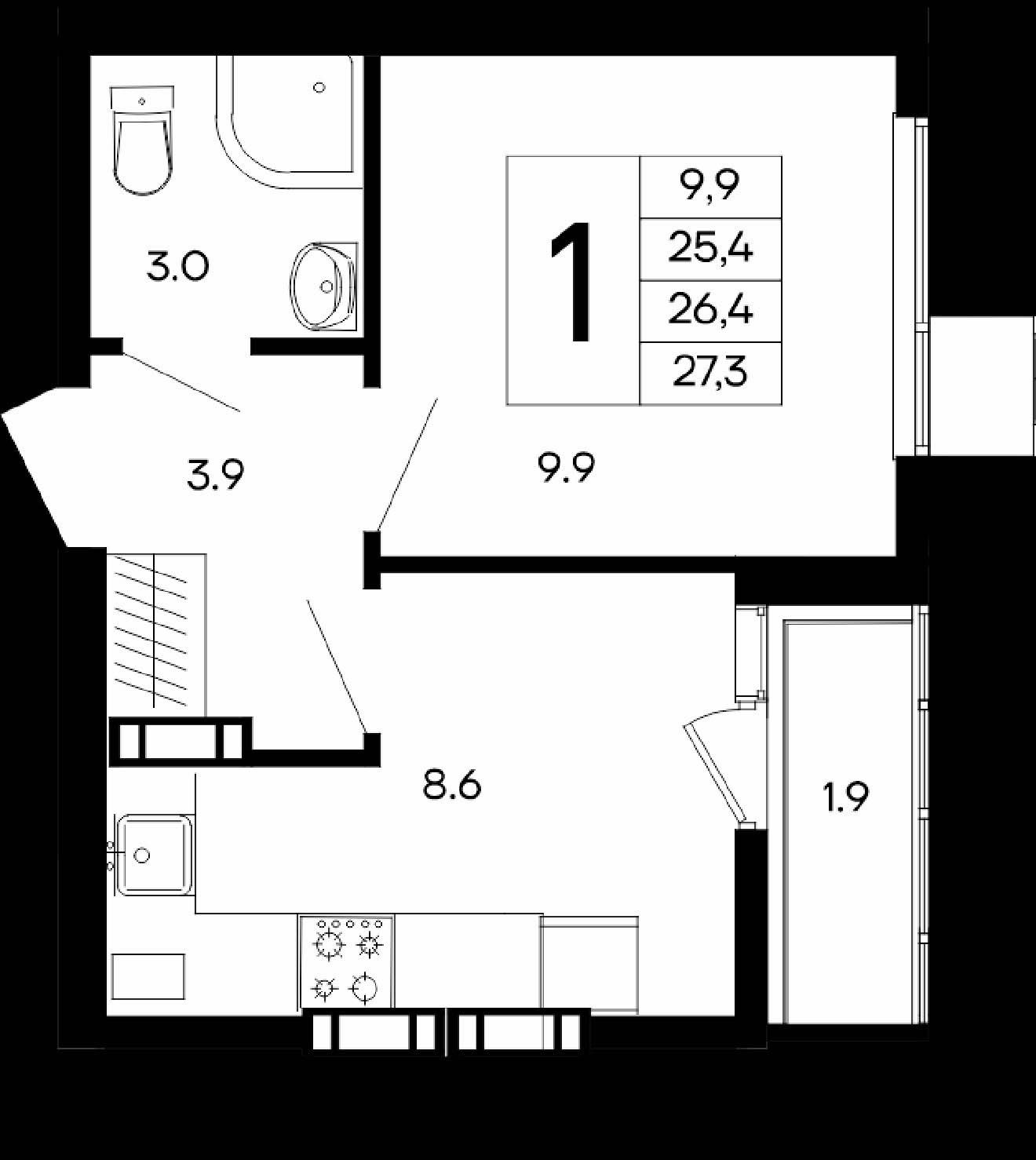 Планировка: 1-комнатная · 27,3 м²