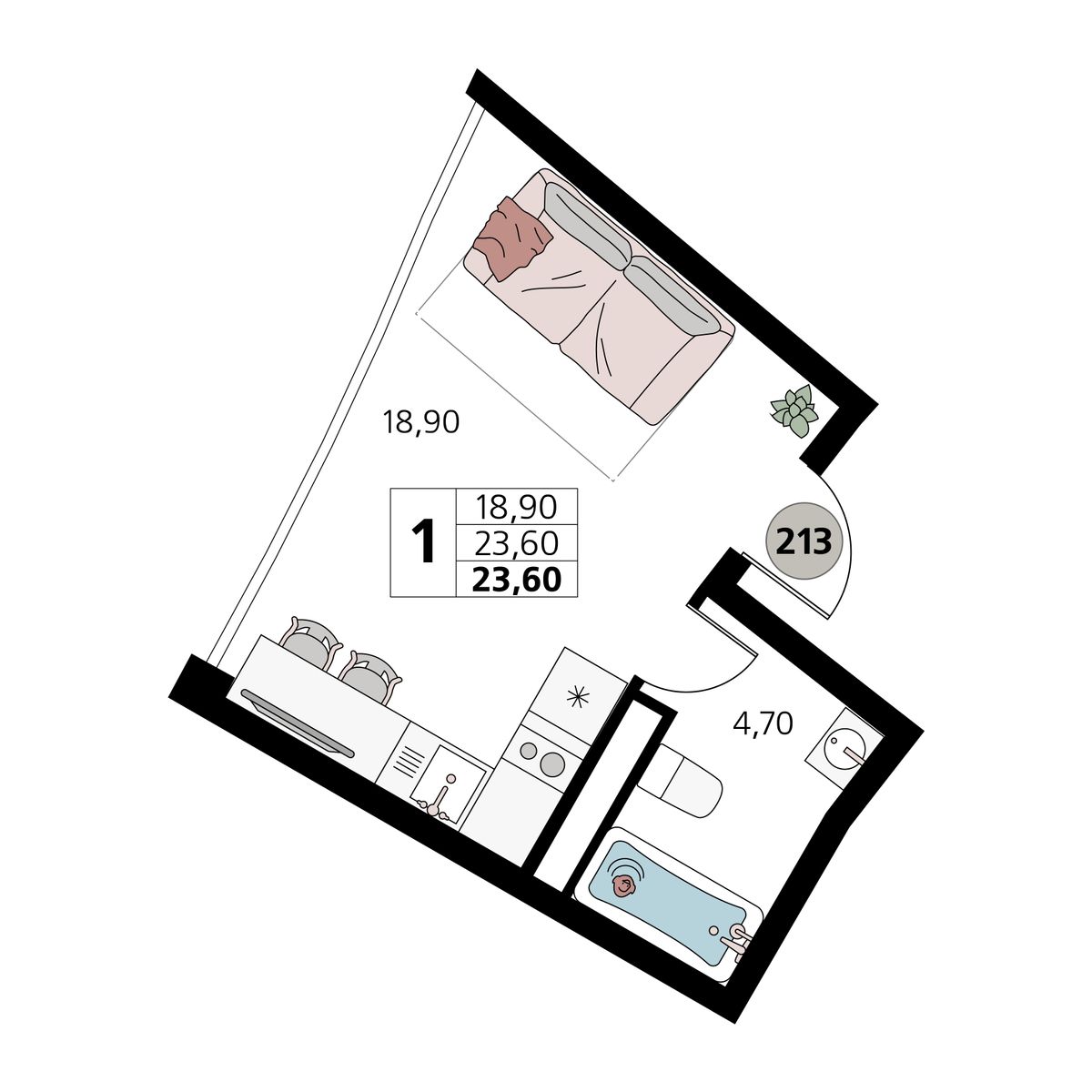 Планировка: 1-комнатная · 23,6 м²