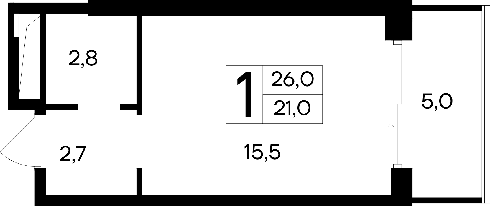 Планировка: 1-комнатная · 26 м²