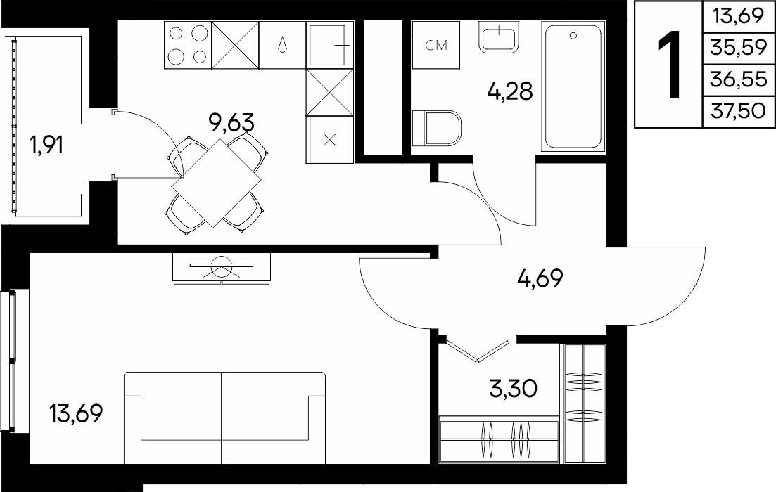 Планировка: 1-комнатная · 37,5 м²