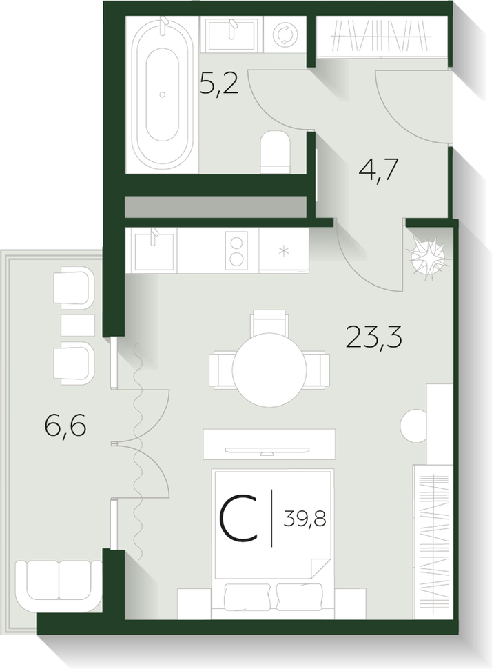 Планировка: 1-комнатная · 38,8 м²