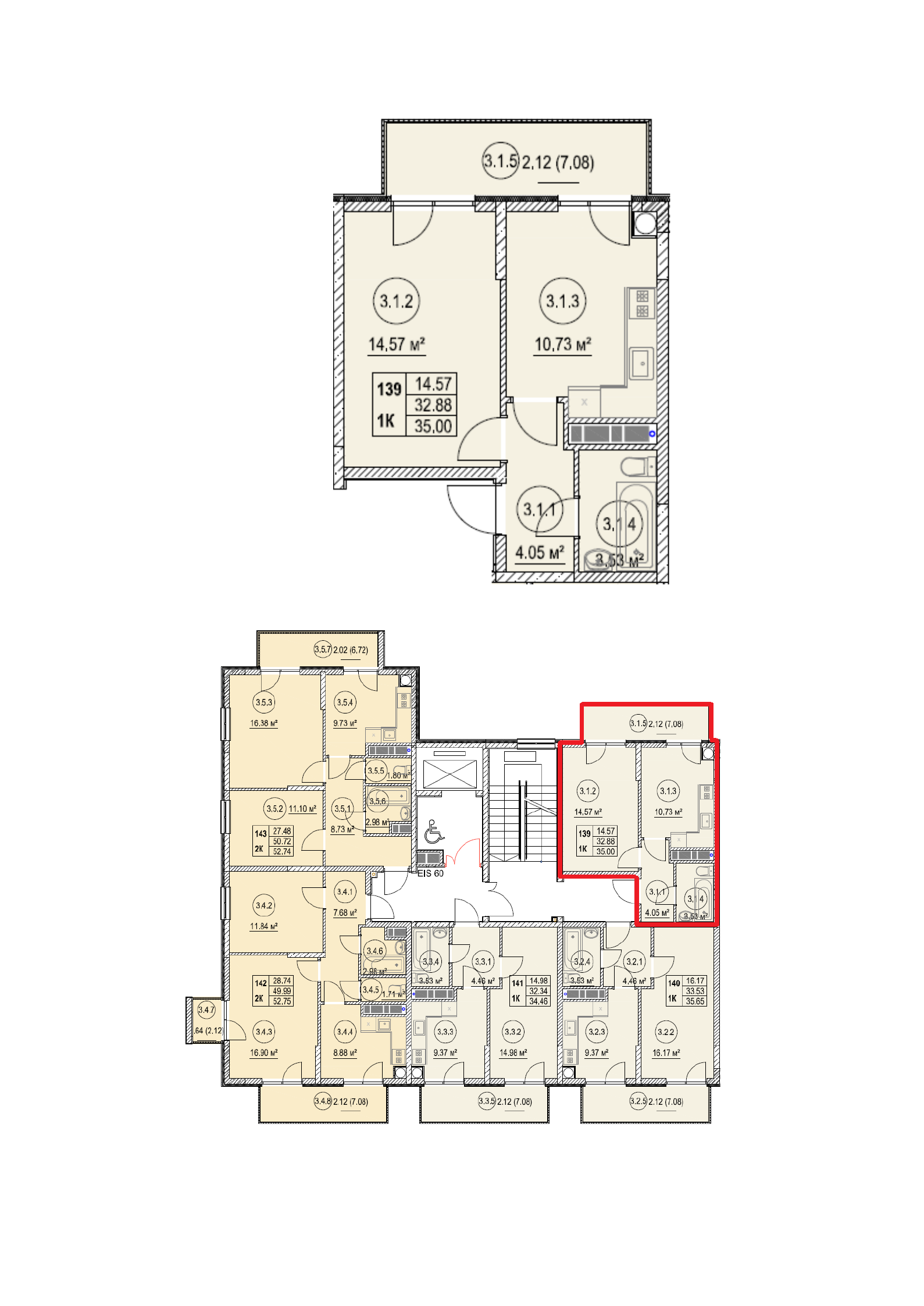 Планировка: 1-комнатная · 35 м²