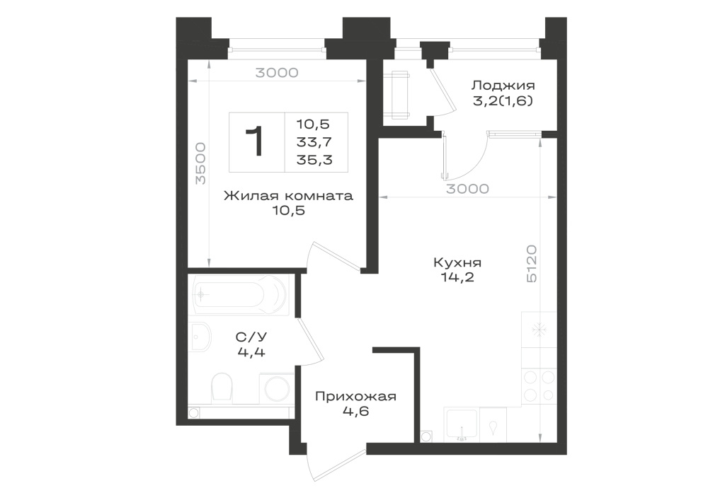 Планировка: 1-комнатная · 35,3 м²