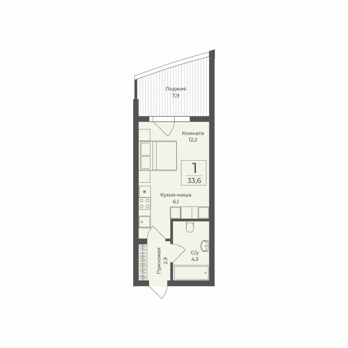 Планировка: 1-комнатная · 33,6 м²