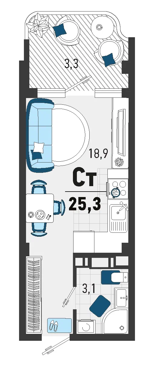 Планировка: Студия · 23,1 м²