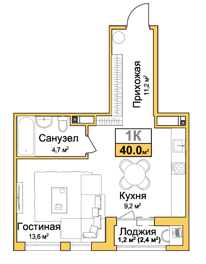 Планировка: 1-комнатная · 40 м²