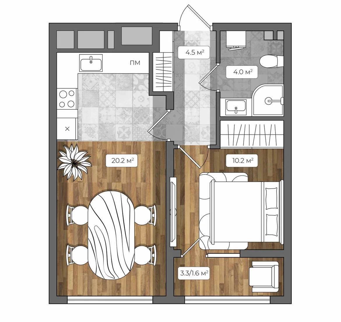 Планировка: 1-комнатная · 40,3 м²