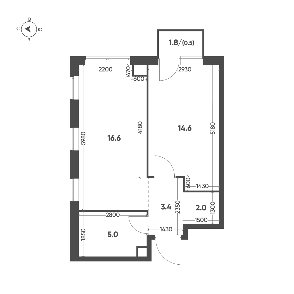 Планировка: 1-комнатная · 42,1 м²