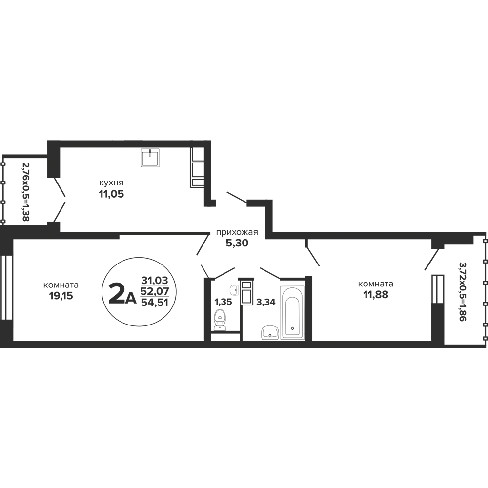 Планировка: 2-комнатная · 55,9 м²