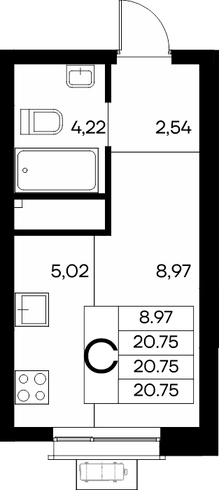Планировка: Студия · 20,75 м²