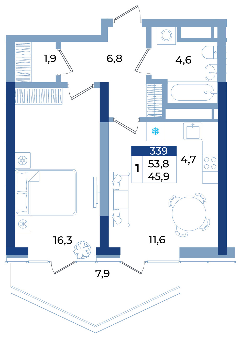 Планировка: 1-комнатная · 53,8 м²