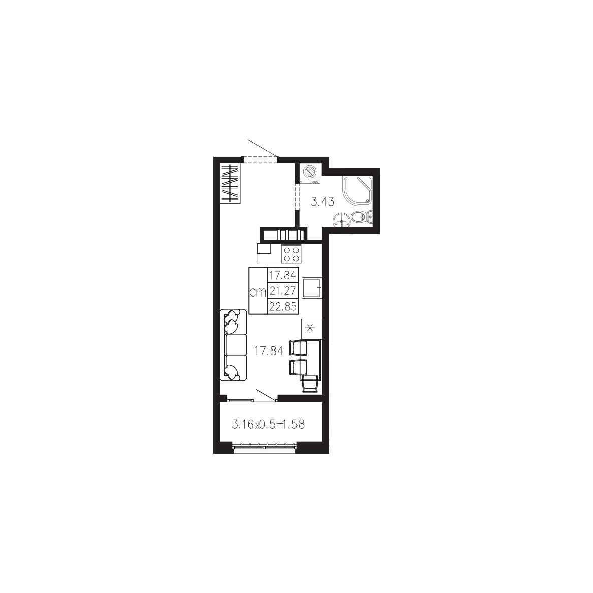 Планировка: 1-комнатная · 22,85 м²