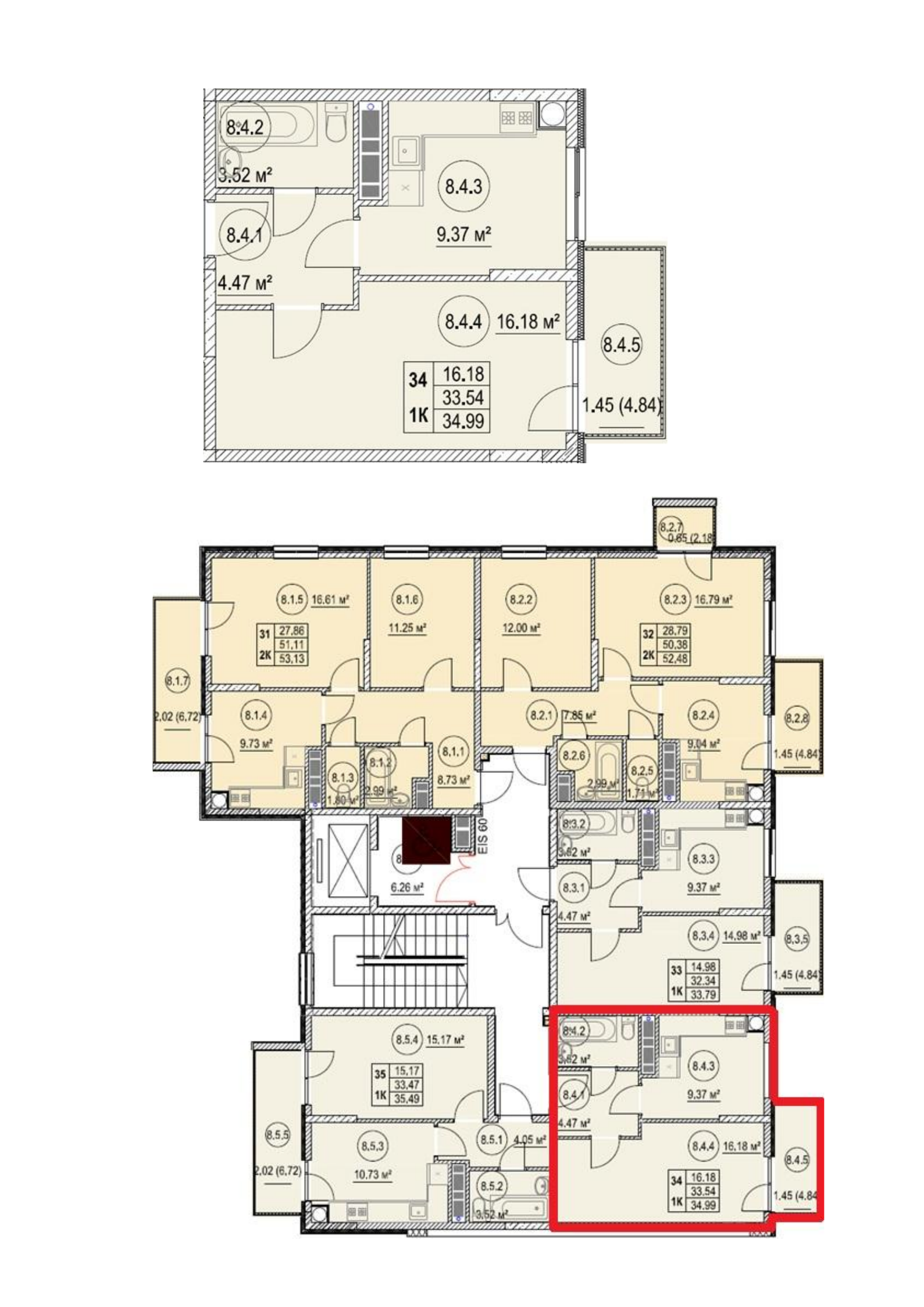 Планировка: 1-комнатная · 34,99 м²