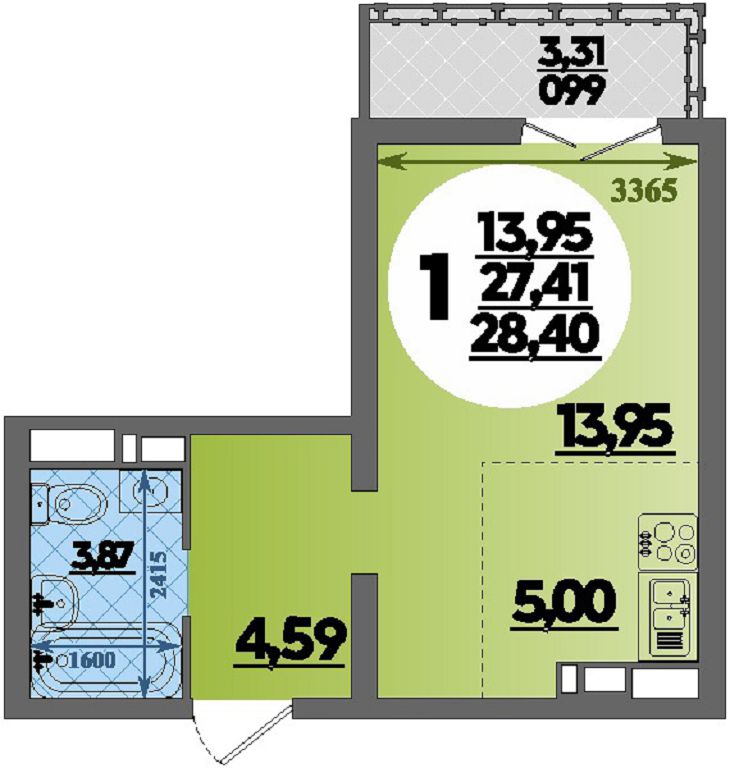 Планировка: Студия · 28,4 м²