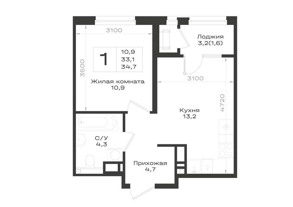 Планировка: 1-комнатная · 34,7 м²