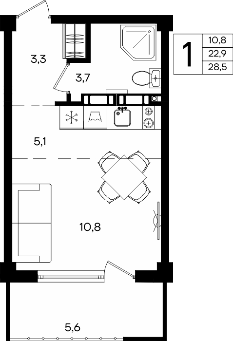 Планировка: 1-комнатная · 28,5 м²