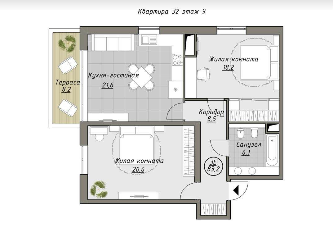 Планировка: 2-комнатная · 83,2 м²