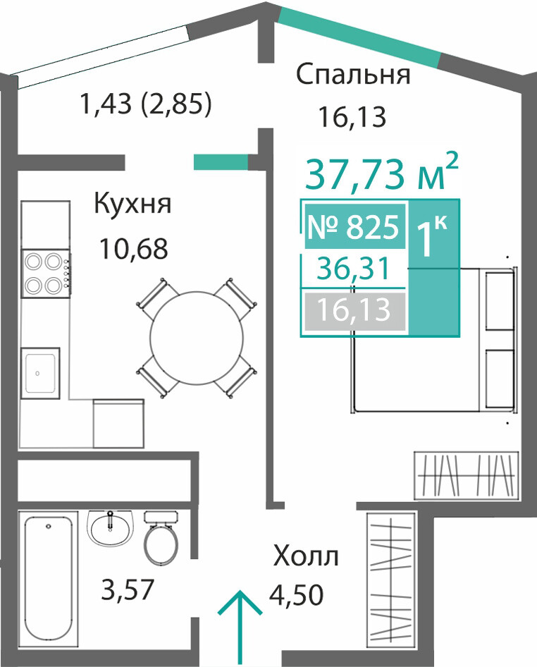 Планировка: 1-комнатная · 36,31 м²
