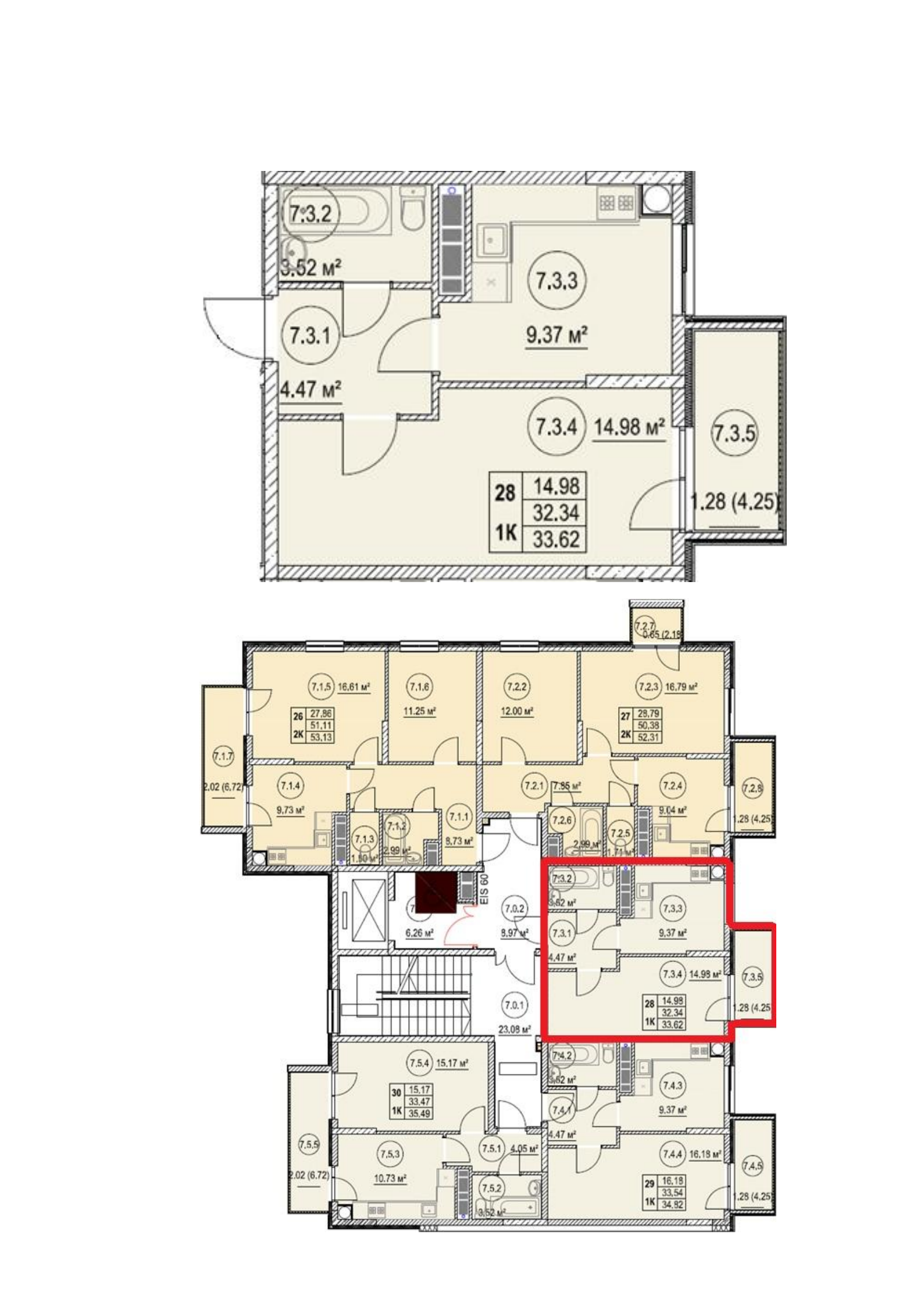 Планировка: 1-комнатная · 33,62 м²