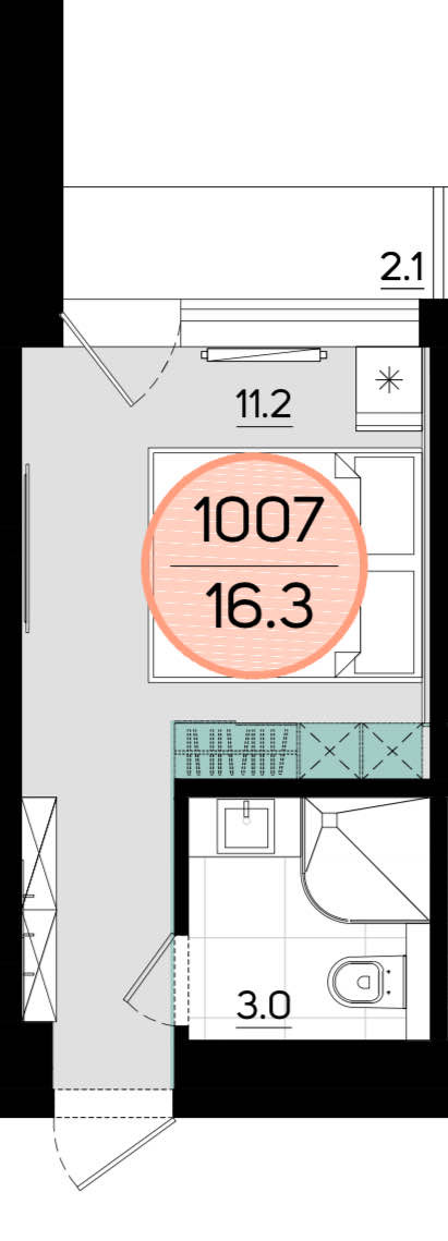 Планировка: 1-комнатная · 16,4 м²