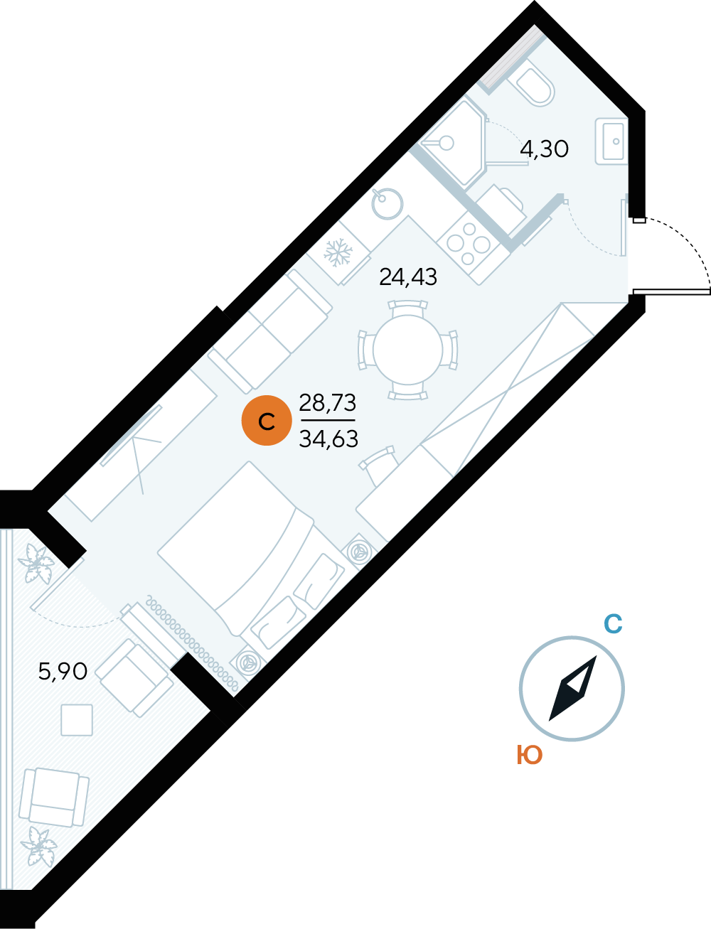 Планировка: Студия · 34,63 м²