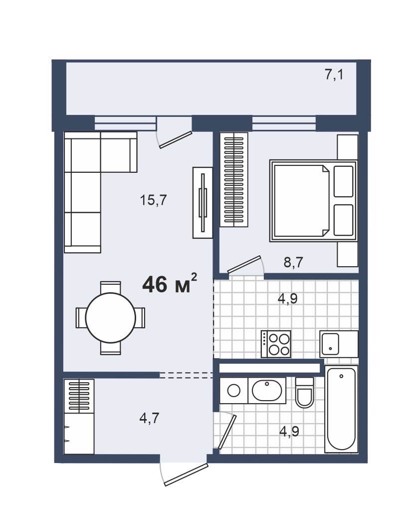 Планировка: 1-комнатная · 46,3 м²