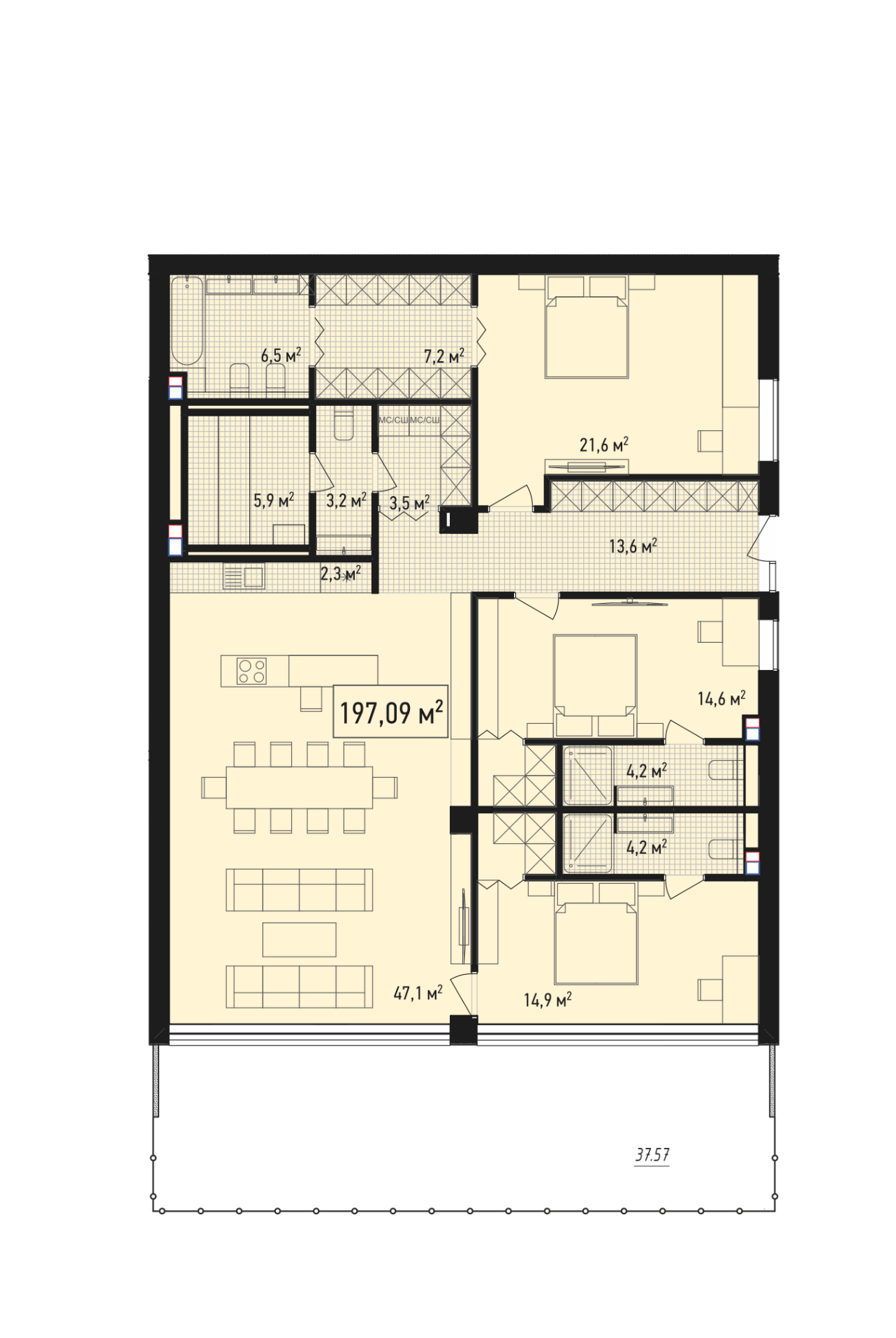 Планировка: 4+ комнаты · 201,6 м²