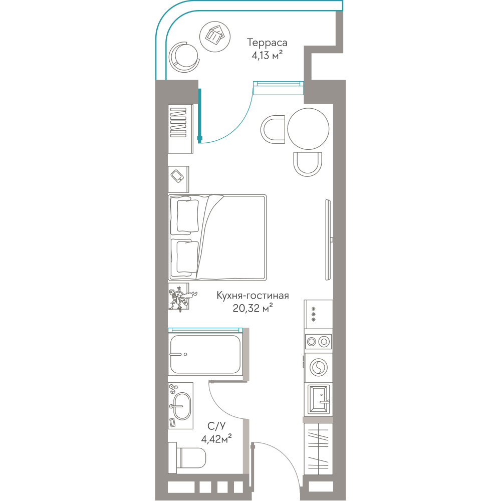 Планировка: Студия · 28,87 м²