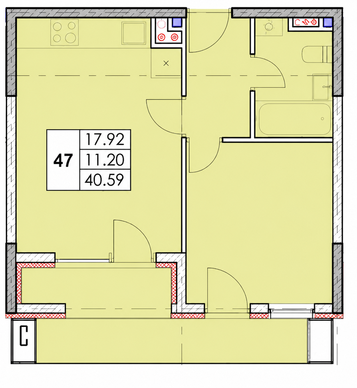 Планировка: Студия · 40,58 м²