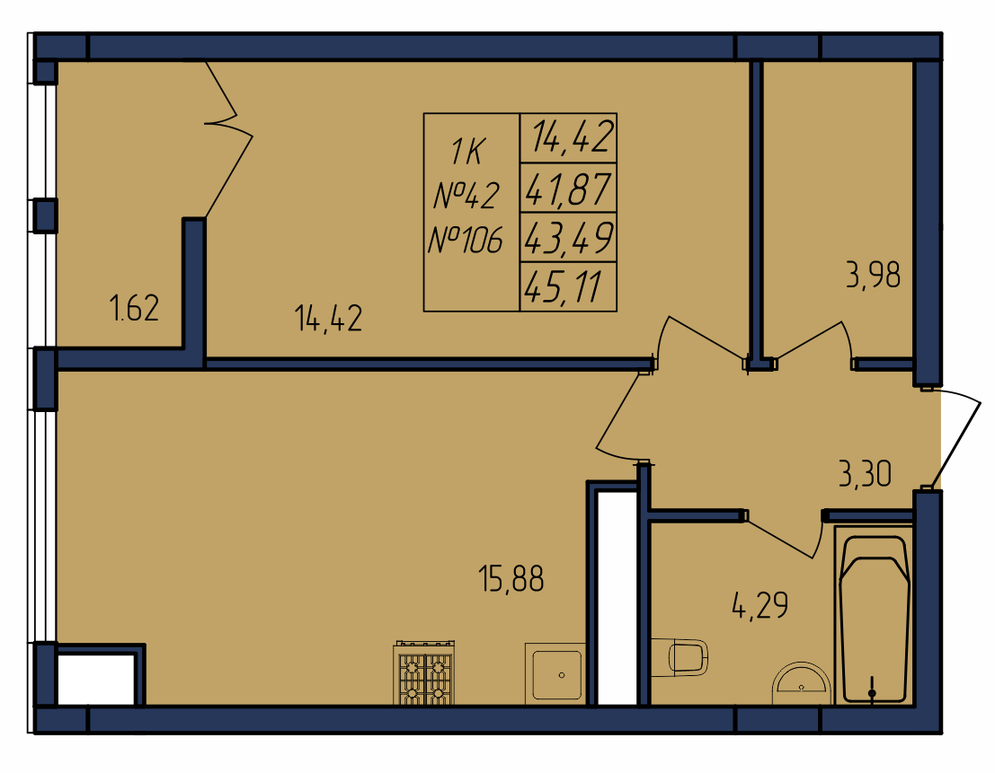 Планировка: 1-комнатная · 43,49 м²