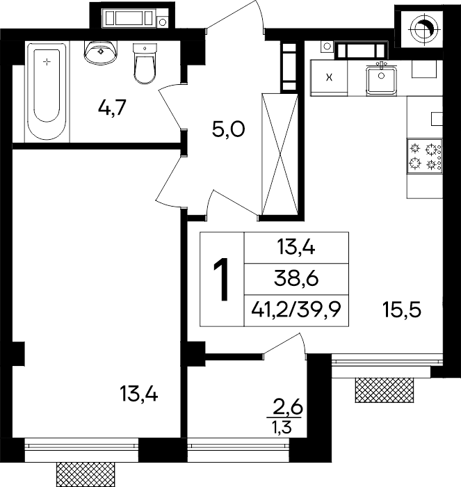 Планировка: 1-комнатная · 41,2 м²