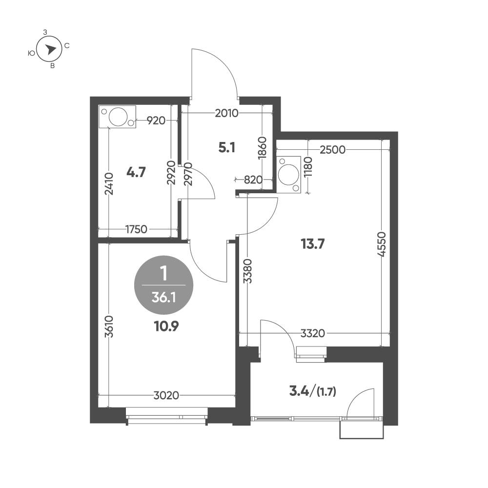 Планировка: 1-комнатная · 36,1 м²