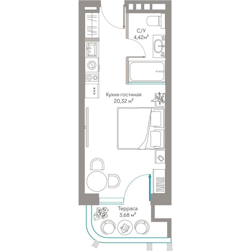Планировка: Студия · 28,42 м²