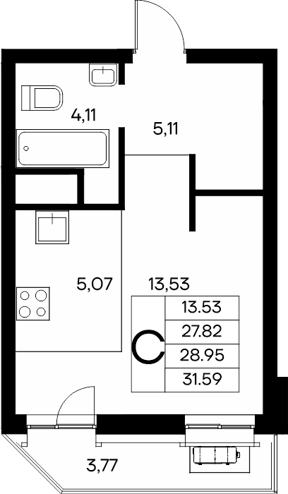 Планировка: Студия · 31,59 м²