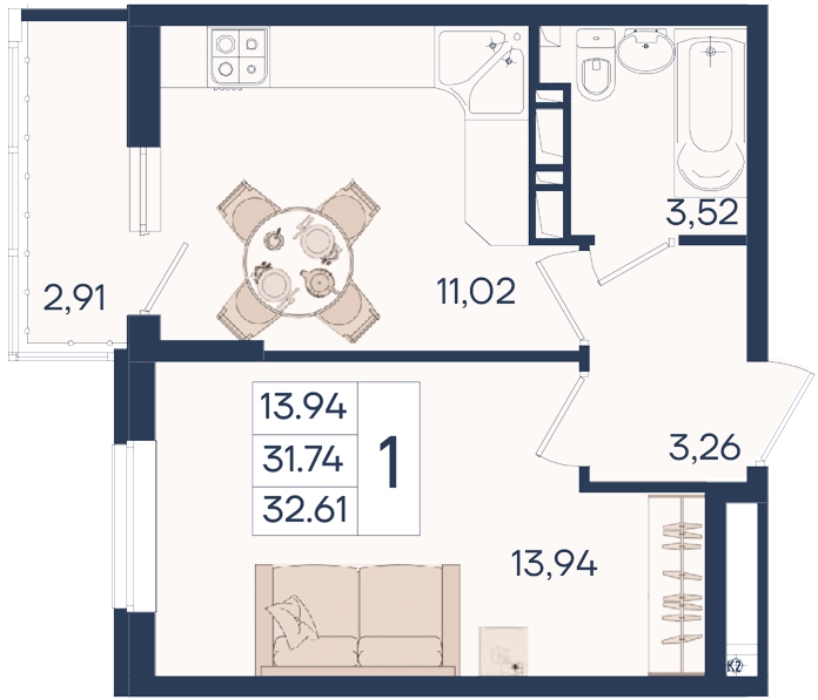 Планировка: 1-комнатная · 32,61 м²