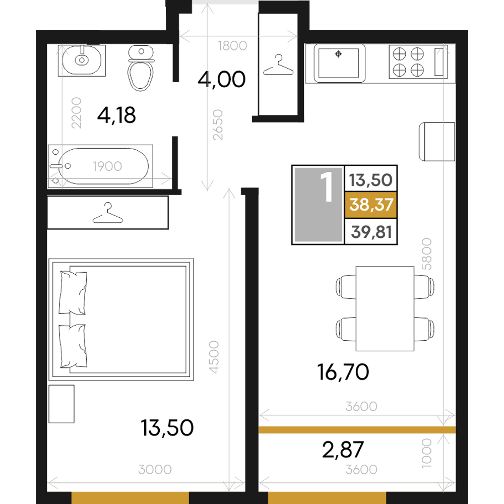 Планировка: 1-комнатная · 39,68 м²