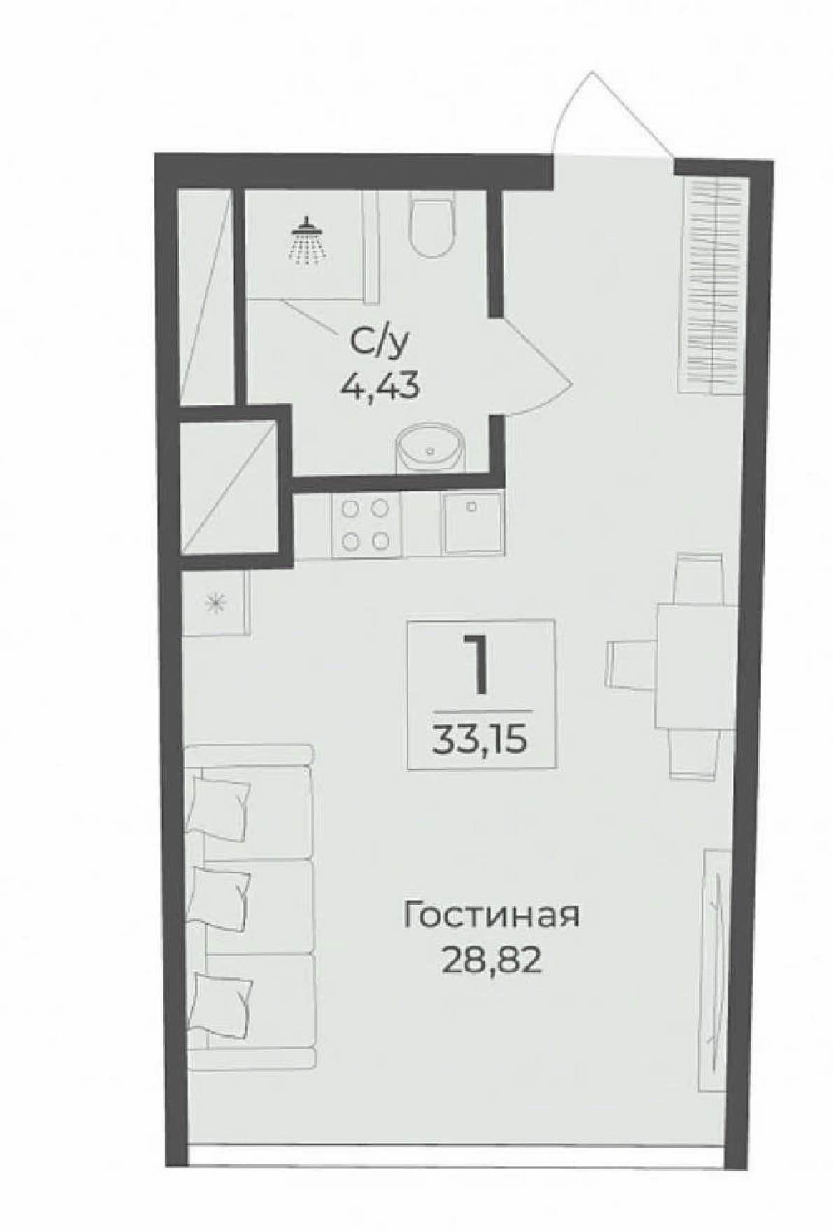 Планировка: 1-комнатная · 33,15 м²