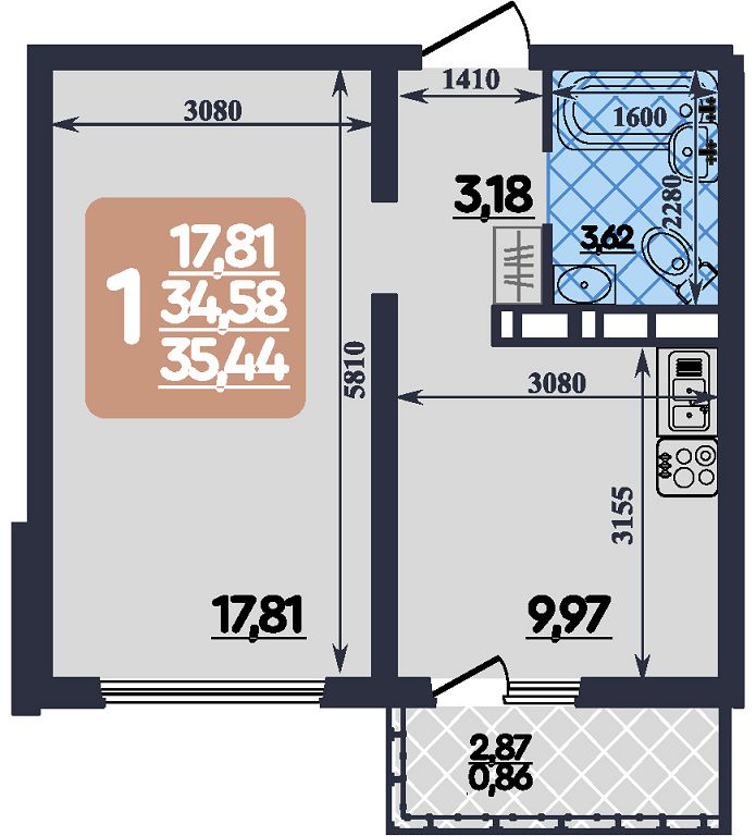 Планировка: 1-комнатная · 35,44 м²